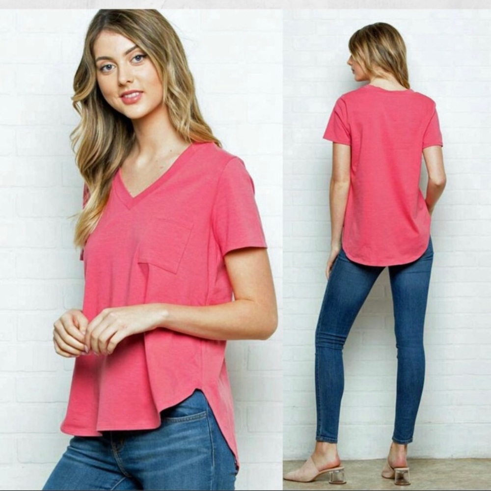 COPY - COPY - Coral Hi-Lo hem V-neck top